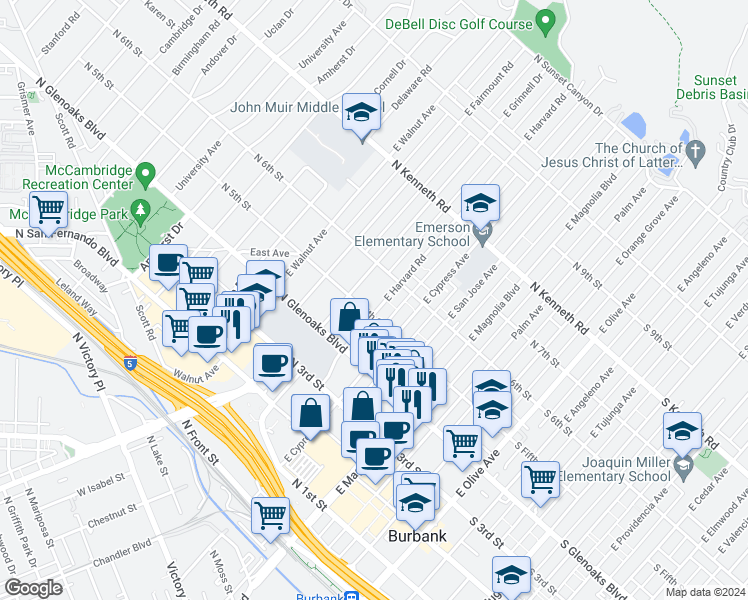 map of restaurants, bars, coffee shops, grocery stores, and more near 511 East Harvard Road in Burbank