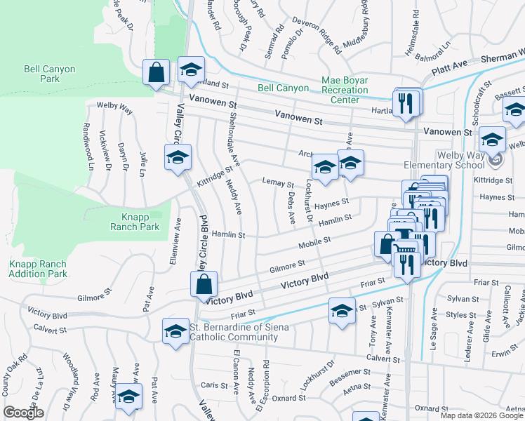 map of restaurants, bars, coffee shops, grocery stores, and more near 6544 Sheltondale Avenue in Los Angeles