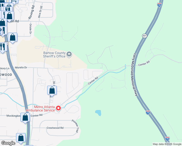 map of restaurants, bars, coffee shops, grocery stores, and more near 21 Carriage Hills Drive Southeast in Cartersville