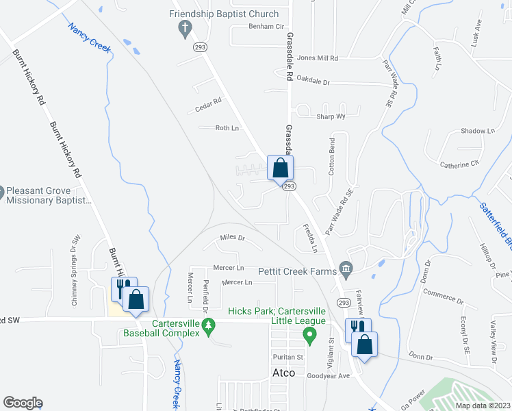 map of restaurants, bars, coffee shops, grocery stores, and more near 38 Middlebrook Drive in Cartersville