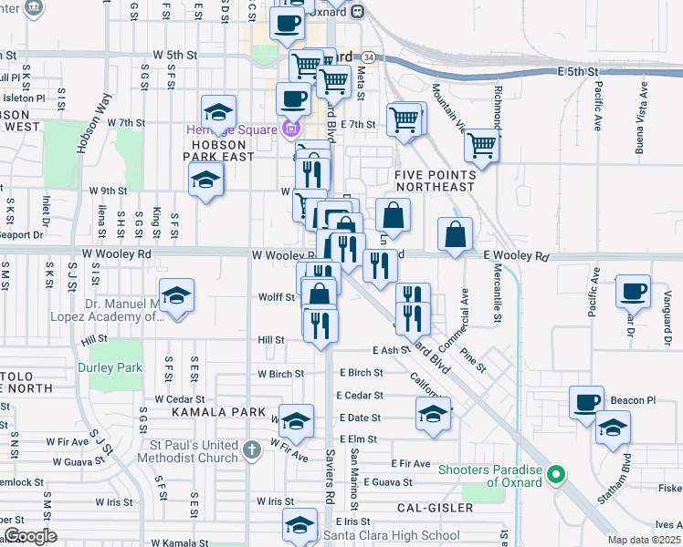 map of restaurants, bars, coffee shops, grocery stores, and more near 1132 South Oxnard Boulevard in Oxnard