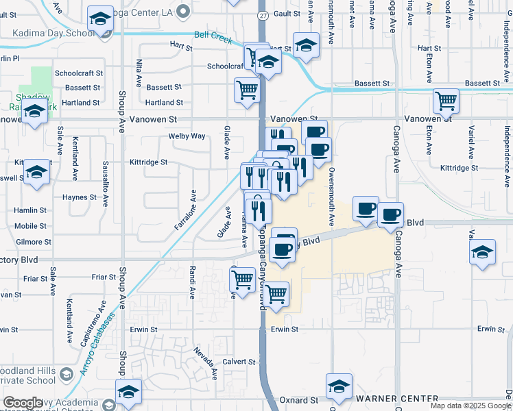 map of restaurants, bars, coffee shops, grocery stores, and more near 6551 Topanga Canyon Boulevard in Los Angeles