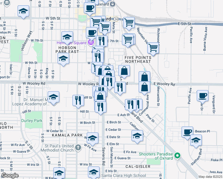 map of restaurants, bars, coffee shops, grocery stores, and more near 1132 South Oxnard Boulevard in Oxnard