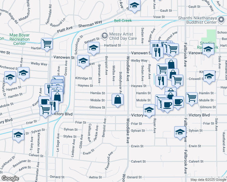 map of restaurants, bars, coffee shops, grocery stores, and more near 23275 Hamlin Street in Los Angeles