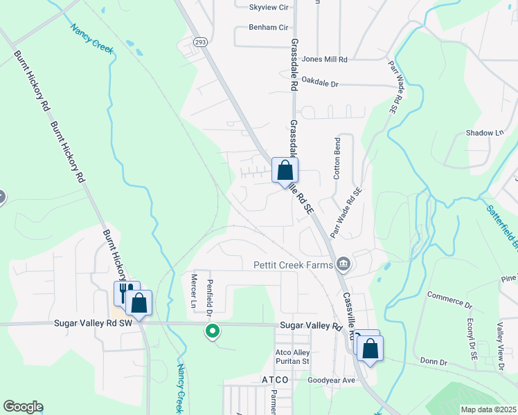 map of restaurants, bars, coffee shops, grocery stores, and more near 44 Middlebrook Drive in Cartersville