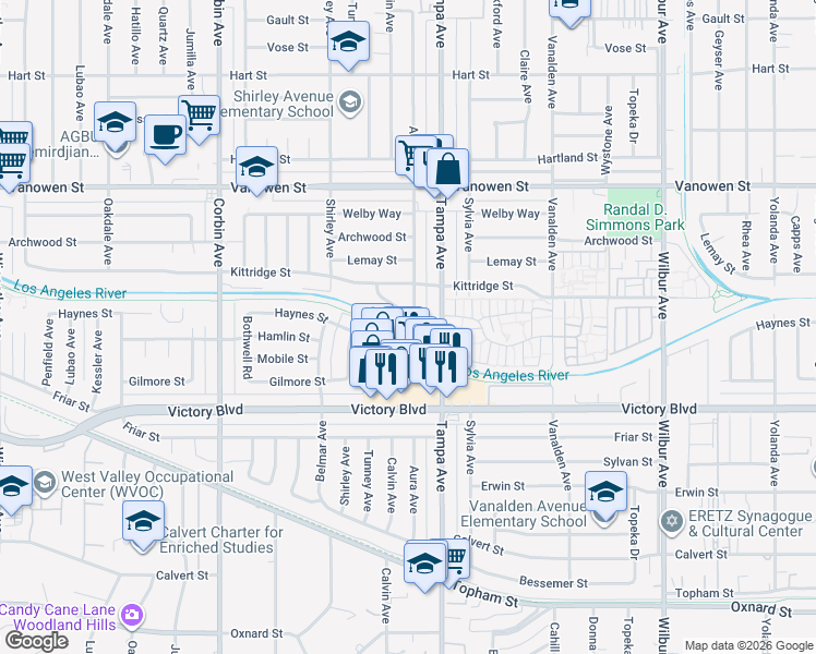 map of restaurants, bars, coffee shops, grocery stores, and more near 6529 Aura Avenue in Los Angeles
