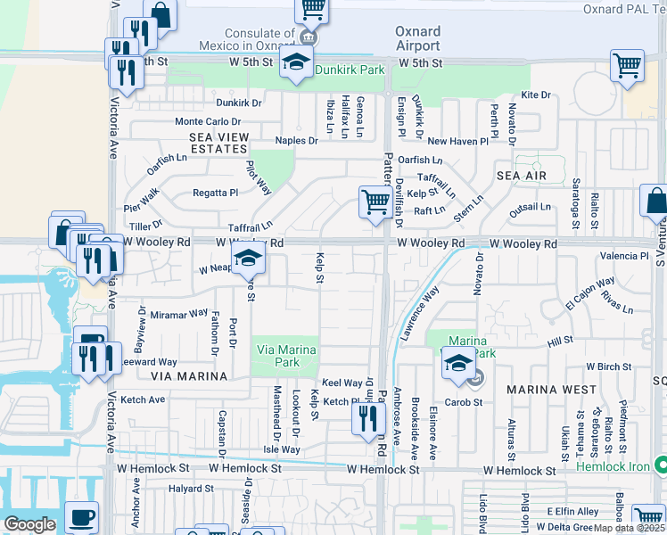 map of restaurants, bars, coffee shops, grocery stores, and more near 3090 Net Court in Oxnard