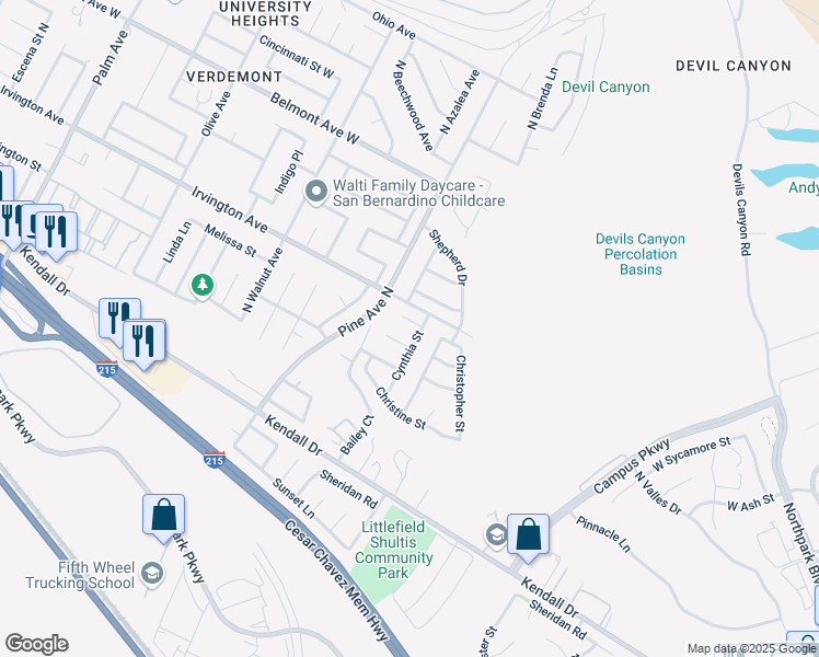 map of restaurants, bars, coffee shops, grocery stores, and more near 2454 James Place in San Bernardino