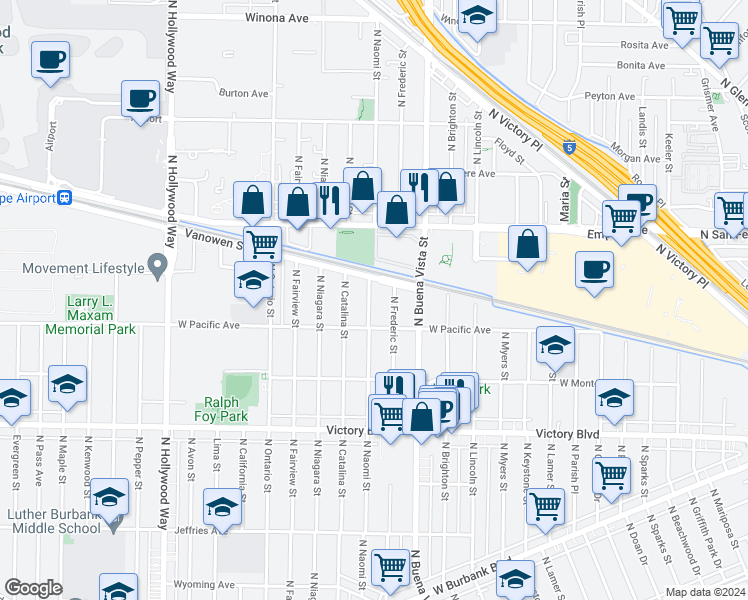 map of restaurants, bars, coffee shops, grocery stores, and more near 1824 North Naomi Street in Burbank