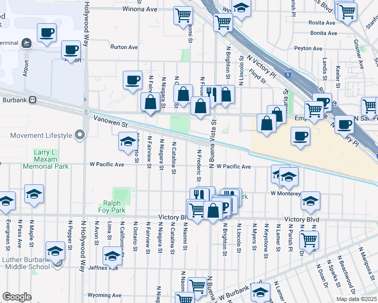 map of restaurants, bars, coffee shops, grocery stores, and more near 1824 North Naomi Street in Burbank
