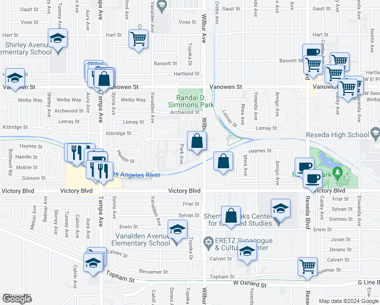 map of restaurants, bars, coffee shops, grocery stores, and more near 6545 Wilbur Avenue in Los Angeles