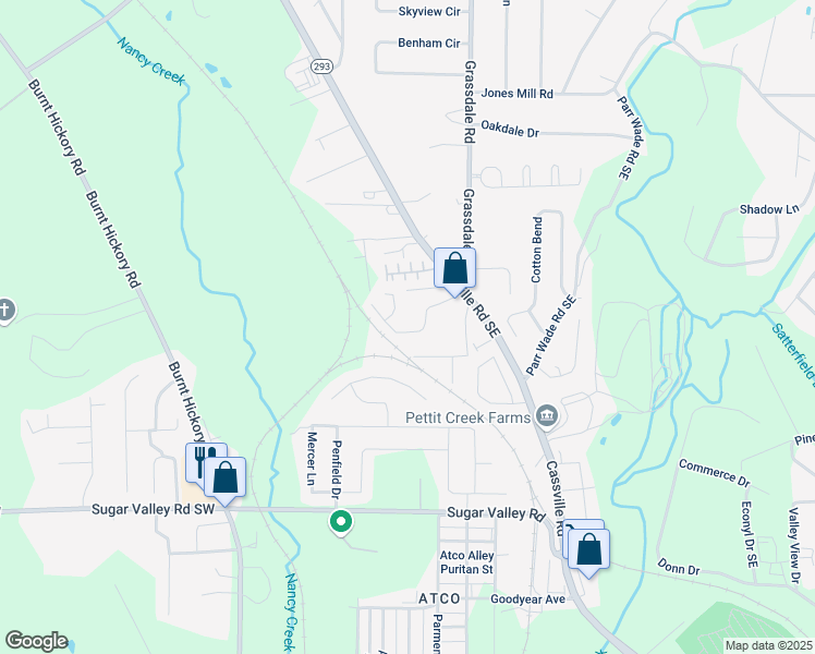 map of restaurants, bars, coffee shops, grocery stores, and more near 48 Middlebrook Drive in Cartersville