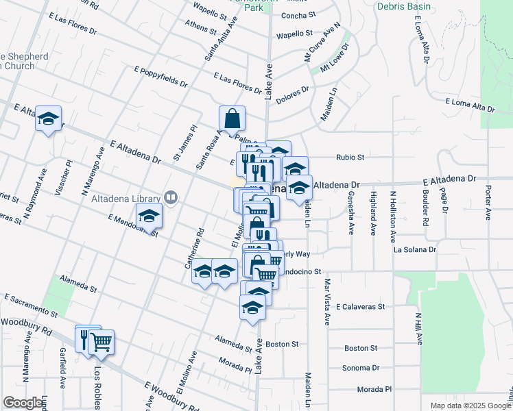 map of restaurants, bars, coffee shops, grocery stores, and more near 780 Fontanet Way in Altadena