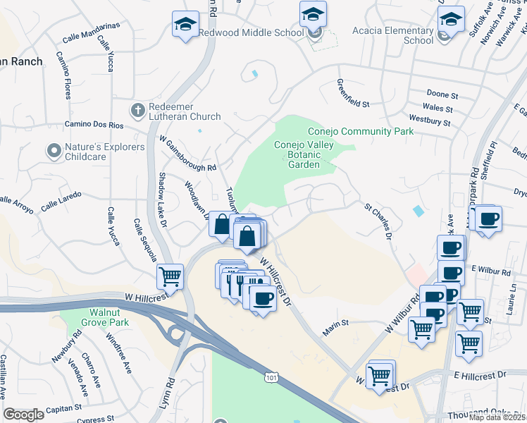 map of restaurants, bars, coffee shops, grocery stores, and more near 427 Arbor Lane Court in Thousand Oaks