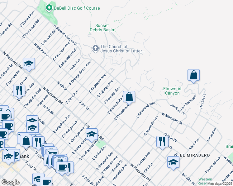 map of restaurants, bars, coffee shops, grocery stores, and more near 1054 East Verdugo Avenue in Burbank