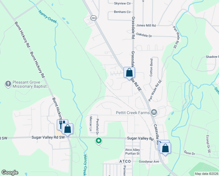 map of restaurants, bars, coffee shops, grocery stores, and more near 79 Middlebrook Drive in Cartersville