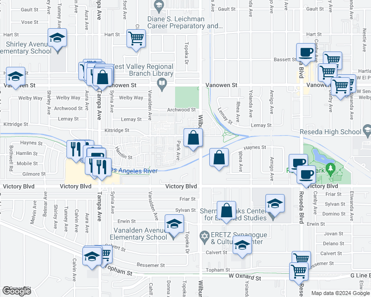 map of restaurants, bars, coffee shops, grocery stores, and more near 6545 Wilbur Avenue in Los Angeles