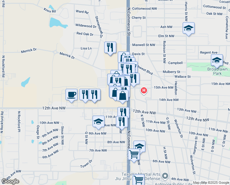 map of restaurants, bars, coffee shops, grocery stores, and more near 1209 North Commerce Street in Ardmore