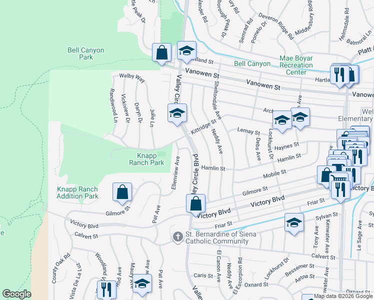 map of restaurants, bars, coffee shops, grocery stores, and more near 6547 Lemay Street in Los Angeles