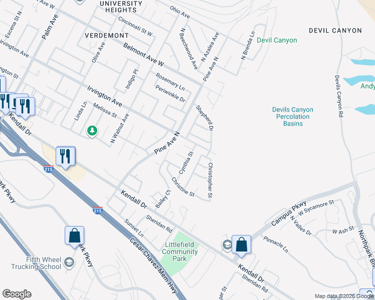 map of restaurants, bars, coffee shops, grocery stores, and more near 2454 James Place in San Bernardino