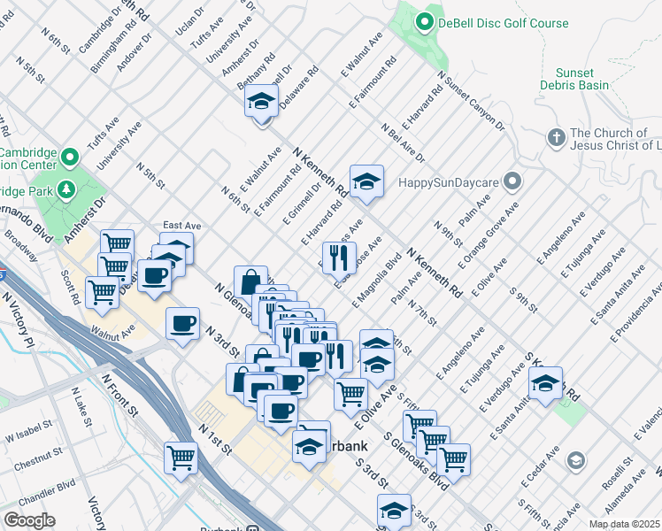 map of restaurants, bars, coffee shops, grocery stores, and more near 620 East Cypress Avenue in Burbank