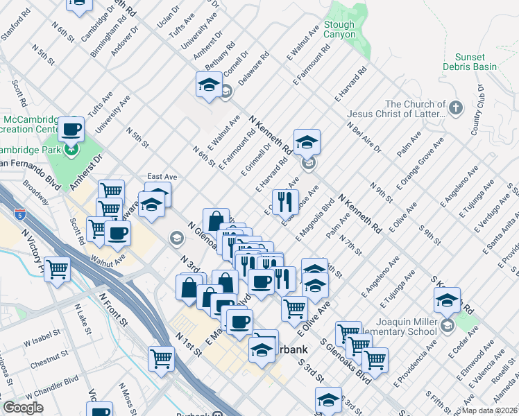map of restaurants, bars, coffee shops, grocery stores, and more near 621 North 6th Street in Burbank