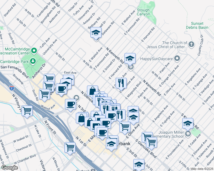 map of restaurants, bars, coffee shops, grocery stores, and more near 621 North 6th Street in Burbank