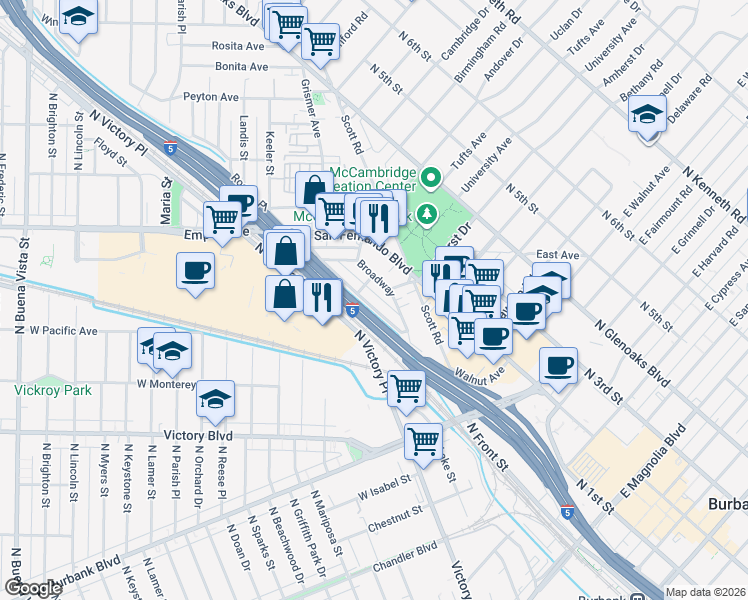 map of restaurants, bars, coffee shops, grocery stores, and more near 1401 Broadway in Burbank