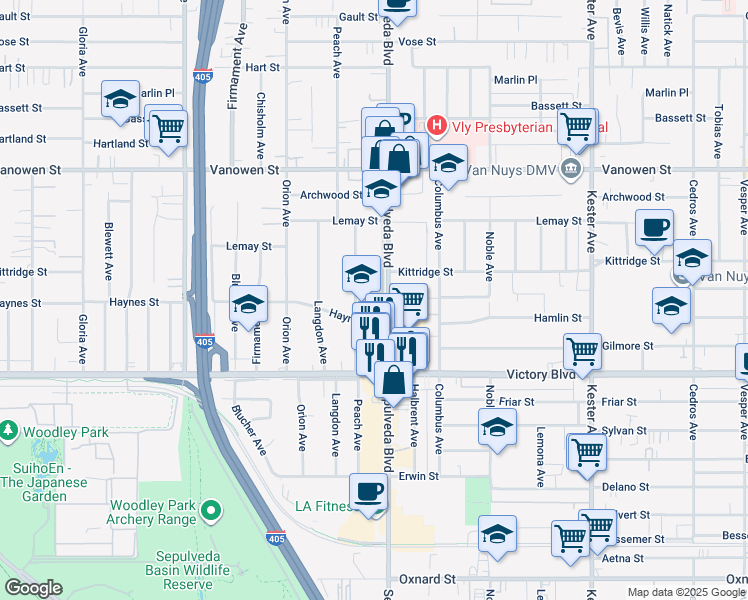 map of restaurants, bars, coffee shops, grocery stores, and more near 6531 Sepulveda Boulevard in Los Angeles