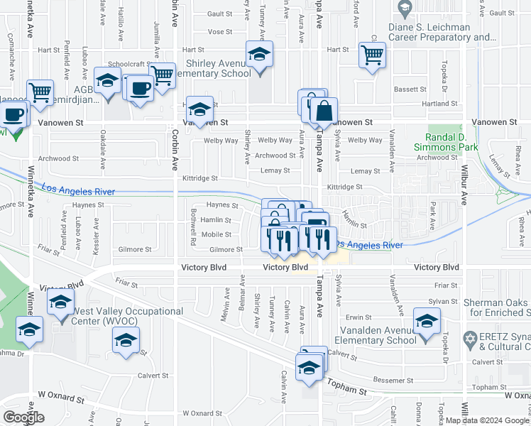 map of restaurants, bars, coffee shops, grocery stores, and more near 19419 Haynes Street in Los Angeles