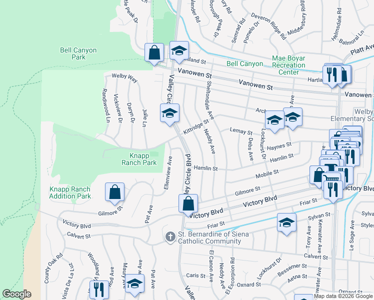 map of restaurants, bars, coffee shops, grocery stores, and more near 6547 Lemay Street in Los Angeles