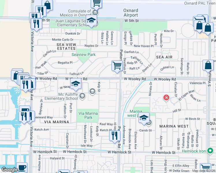 map of restaurants, bars, coffee shops, grocery stores, and more near 2970 Fanshell Walk in Oxnard