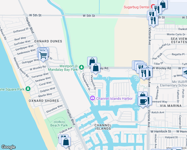 map of restaurants, bars, coffee shops, grocery stores, and more near 4330 Tradewinds Drive in Oxnard