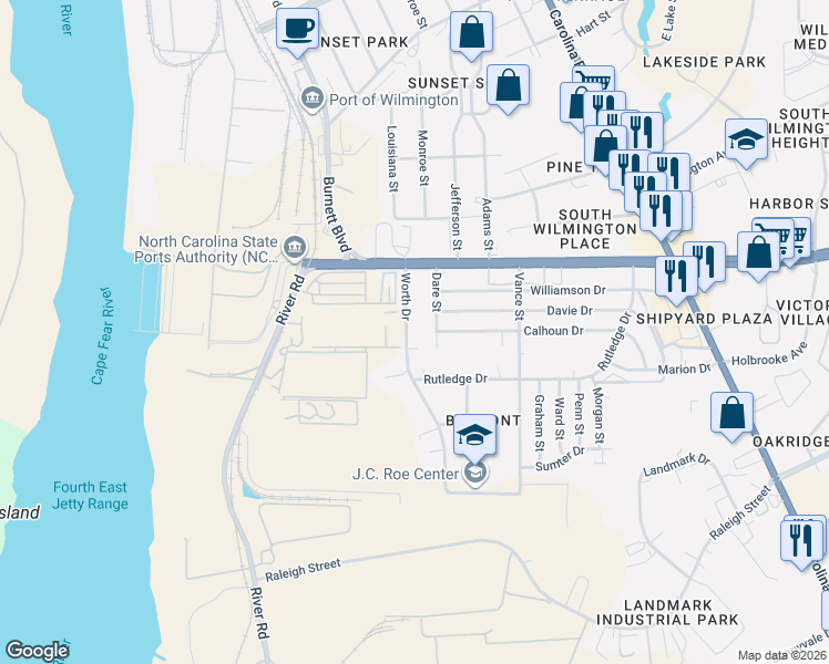 map of restaurants, bars, coffee shops, grocery stores, and more near 2705 Worth Drive in Wilmington