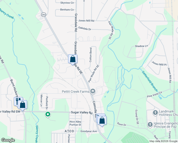 map of restaurants, bars, coffee shops, grocery stores, and more near 76 Cotton Bend in Cartersville