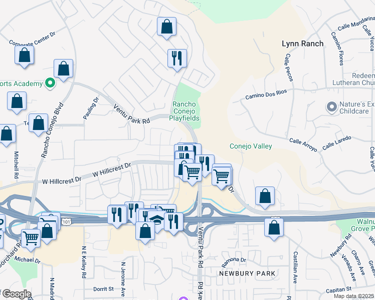 map of restaurants, bars, coffee shops, grocery stores, and more near 1566 Glenbrock Lane in Thousand Oaks