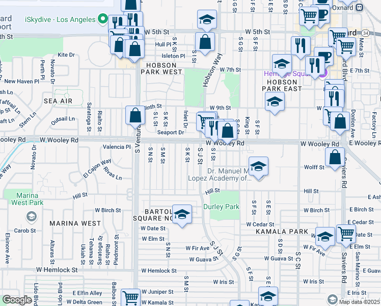map of restaurants, bars, coffee shops, grocery stores, and more near 1134 South K Street in Oxnard