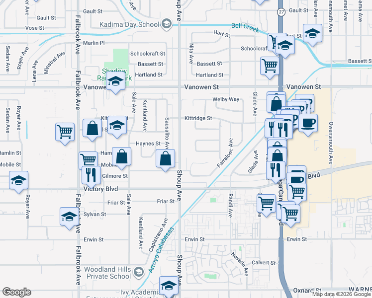 map of restaurants, bars, coffee shops, grocery stores, and more near 6540 Shoup Avenue in Los Angeles