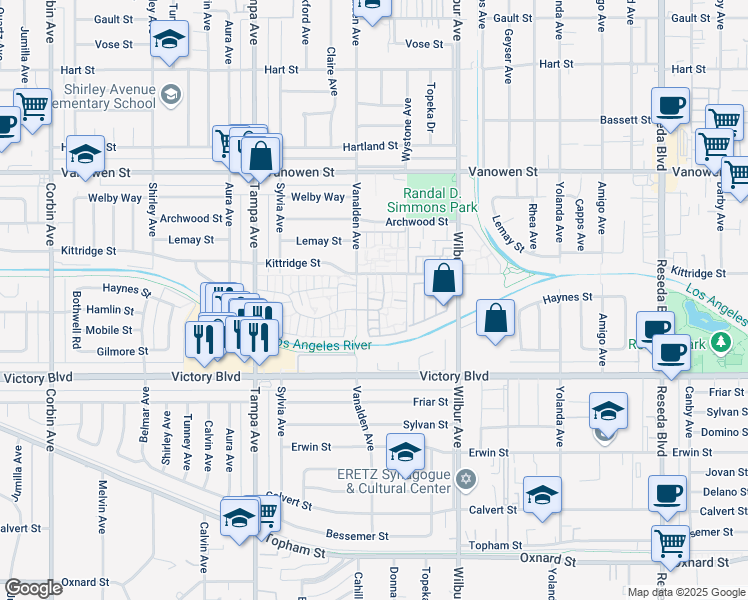 map of restaurants, bars, coffee shops, grocery stores, and more near 19036 Kittridge Street in Los Angeles