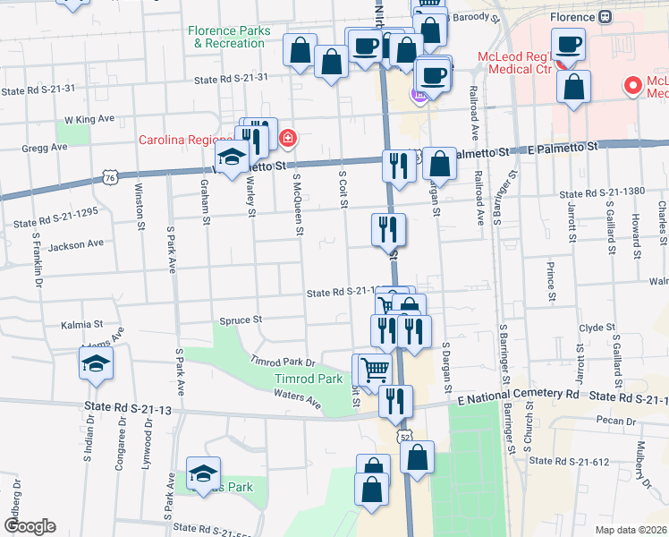 map of restaurants, bars, coffee shops, grocery stores, and more near 505 South Coit Street in Florence