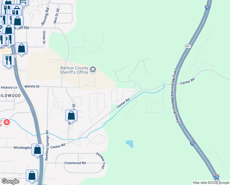 map of restaurants, bars, coffee shops, grocery stores, and more near 58 Wyndham Court in Cartersville