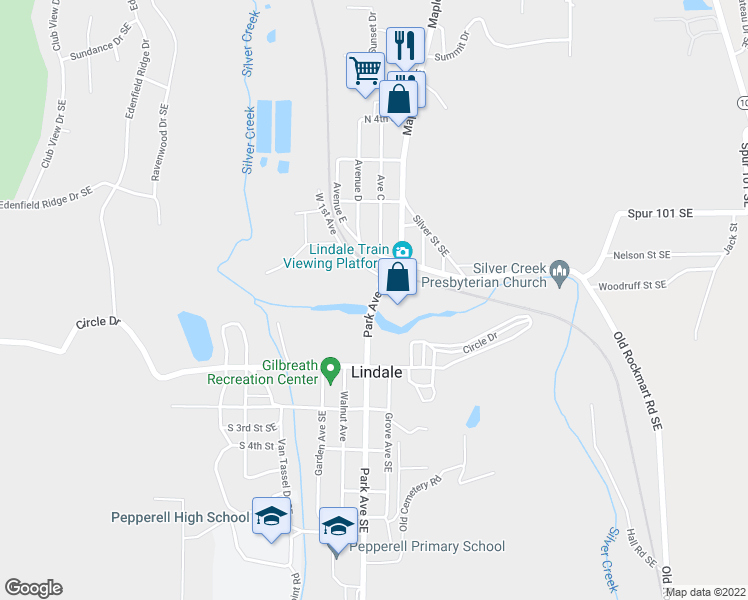 map of restaurants, bars, coffee shops, grocery stores, and more near 79 Park Avenue Southeast in Lindale