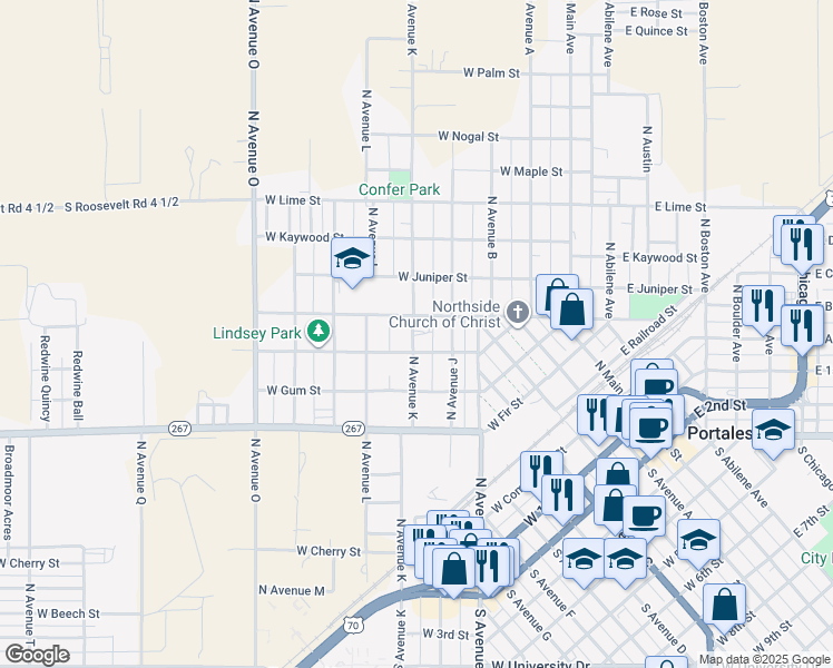 map of restaurants, bars, coffee shops, grocery stores, and more near 912 North Avenue K in Portales