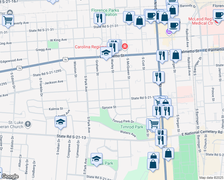 map of restaurants, bars, coffee shops, grocery stores, and more near 501 Warley Street in Florence