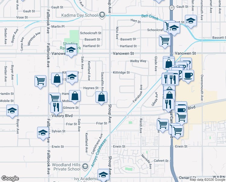 map of restaurants, bars, coffee shops, grocery stores, and more near 6540 Shoup Avenue in Los Angeles