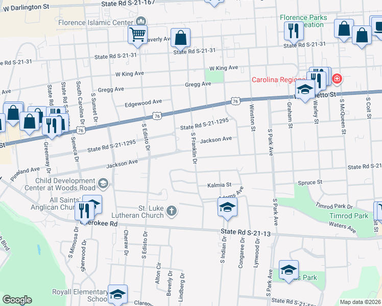 map of restaurants, bars, coffee shops, grocery stores, and more near 501 South Franklin Drive in Florence