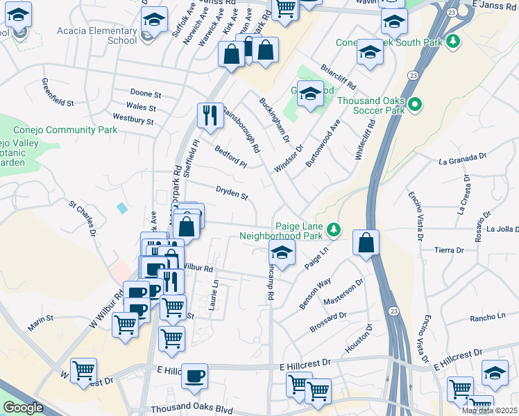 map of restaurants, bars, coffee shops, grocery stores, and more near 431 Dryden Street in Thousand Oaks