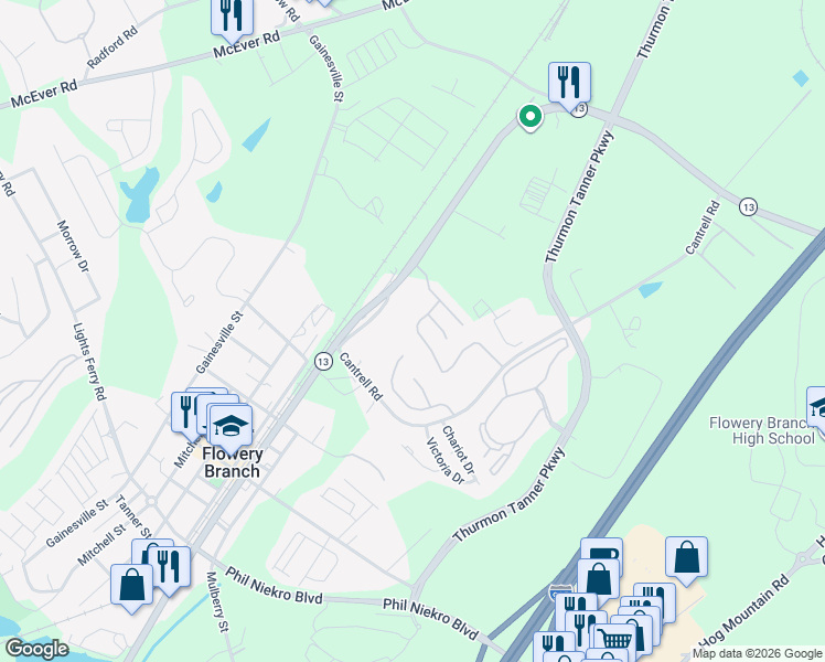 map of restaurants, bars, coffee shops, grocery stores, and more near 4810 Zephyr Cove Place in Flowery Branch