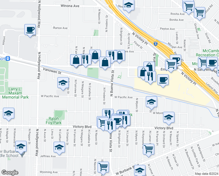 map of restaurants, bars, coffee shops, grocery stores, and more near 1831 North Buena Vista Street in Burbank