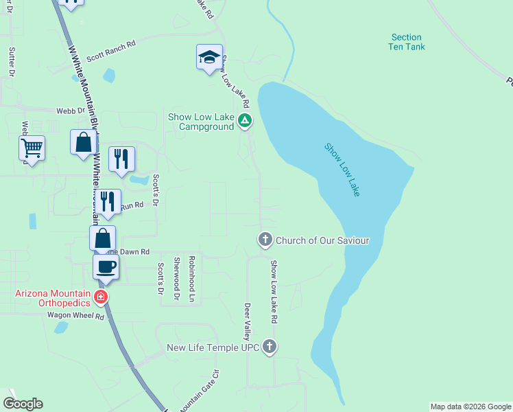 map of restaurants, bars, coffee shops, grocery stores, and more near 5416 Show Low Lake Road in Wagon Wheel